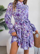 Load image into Gallery viewer, Printed Mock Neck Flounce Sleeve Mini Dress