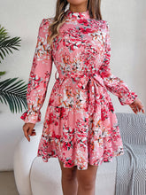 Load image into Gallery viewer, Printed Mock Neck Flounce Sleeve Mini Dress