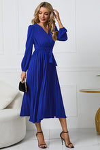 Load image into Gallery viewer, V-Neck Long Sleeve Tie Waist Midi Dress