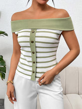 Load image into Gallery viewer, Decorative Button Striped Off-Shoulder Knit Top