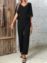 Load image into Gallery viewer, Tied V-Neck Half Sleeve Wide Leg Jumpsuit