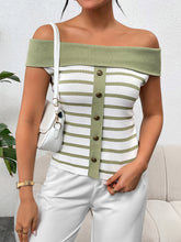 Load image into Gallery viewer, Decorative Button Striped Off-Shoulder Knit Top