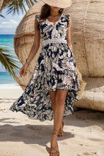 Load image into Gallery viewer, High-Low Printed V-Neck Cap Sleeve Midi Dress