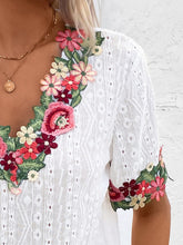 Load image into Gallery viewer, Eyelet Embroidered V-Neck Short Sleeve Blouse