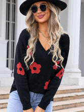 Load image into Gallery viewer, Flower V-Neck Long Sleeve Sweater