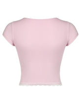 Load image into Gallery viewer, Lace Detail Sweetheart Neck Short Sleeve T-Shirt