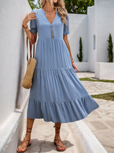 Load image into Gallery viewer, Perfee Decorative Button Notched Short Sleeve Midi Dress