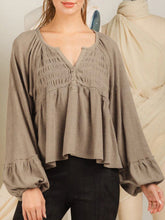 Load image into Gallery viewer, Notched Balloon Sleeve Peplum Blouse