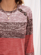 Load image into Gallery viewer, Decorative Button Contrast Round Neck Long Sleeve T-Shirt
