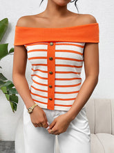 Load image into Gallery viewer, Decorative Button Striped Off-Shoulder Knit Top