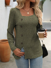 Load image into Gallery viewer, Decorative Button Striped Square Neck Long Sleeve T-Shirt