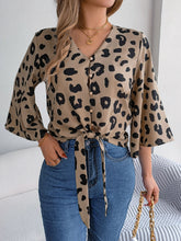 Load image into Gallery viewer, Tied Button Up Leopard V-Neck Blouse