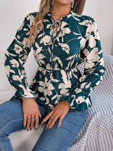 Load image into Gallery viewer, Printed Tie Neck Flounce Sleeve Blouse