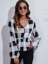 Load image into Gallery viewer, Ruched Printed V-Neck Long Sleeve Blouse