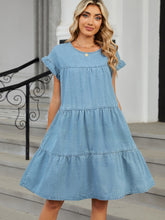 Load image into Gallery viewer, Tiered Round Neck Short Sleeve Denim Dress