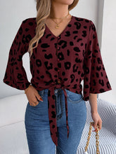Load image into Gallery viewer, Tied Button Up Leopard V-Neck Blouse