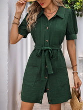 Load image into Gallery viewer, Perfee Tie Waist Button Down Short Sleeve Mini Dress