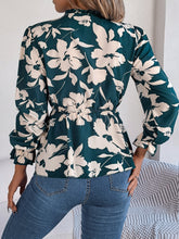 Load image into Gallery viewer, Printed Tie Neck Flounce Sleeve Blouse