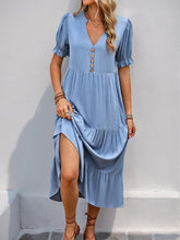 Load image into Gallery viewer, Perfee Decorative Button Notched Short Sleeve Midi Dress