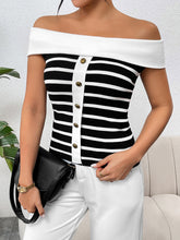 Load image into Gallery viewer, Decorative Button Striped Off-Shoulder Knit Top