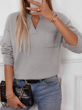 Load image into Gallery viewer, Pocketed Notched Long Sleeve Knit Top