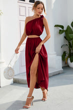 Load image into Gallery viewer, Ruched One Shoulder Top and Slit Skirt Set
