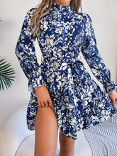 Load image into Gallery viewer, Printed Mock Neck Flounce Sleeve Mini Dress