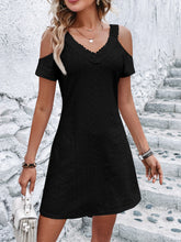Load image into Gallery viewer, Eyelet V-Neck Cold Shoulder Mini Dress