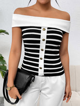 Load image into Gallery viewer, Decorative Button Striped Off-Shoulder Knit Top
