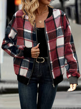 Load image into Gallery viewer, Plus Size Plaid Baseball Collar Zip Up Jacket
