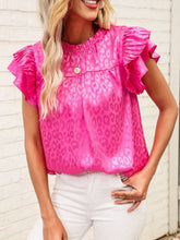 Load image into Gallery viewer, Leopard Frill Mock Neck Ruffled Cap Sleeve Top