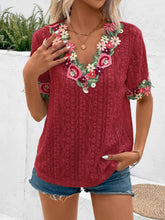 Load image into Gallery viewer, Eyelet Embroidered V-Neck Short Sleeve Blouse