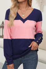 Load image into Gallery viewer, Color Block V-Neck Long Sleeve Top