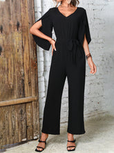 Load image into Gallery viewer, Tied V-Neck Half Sleeve Wide Leg Jumpsuit
