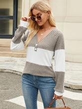 Load image into Gallery viewer, Color Block V-Neck Long Sleeve T-Shirt