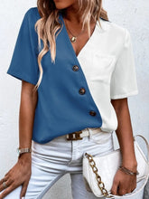Load image into Gallery viewer, Decorative Button Surplice Short Sleeve Blouse