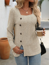 Load image into Gallery viewer, Decorative Button Striped Square Neck Long Sleeve T-Shirt