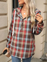 Load image into Gallery viewer, Drawstring Plaid Hooded Long Sleeve Top