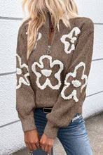 Load image into Gallery viewer, Flower Half Zip Dropped Shoulder Sweater