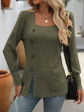 Load image into Gallery viewer, Decorative Button Striped Square Neck Long Sleeve T-Shirt