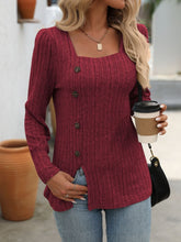 Load image into Gallery viewer, Decorative Button Striped Square Neck Long Sleeve T-Shirt