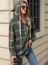Load image into Gallery viewer, Drawstring Plaid Hooded Long Sleeve Top