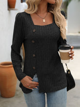 Load image into Gallery viewer, Decorative Button Striped Square Neck Long Sleeve T-Shirt