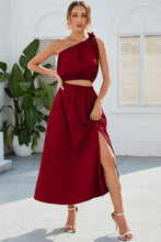 Load image into Gallery viewer, Ruched One Shoulder Top and Slit Skirt Set