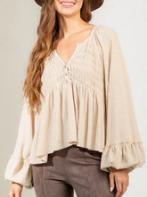 Load image into Gallery viewer, Notched Balloon Sleeve Peplum Blouse