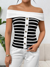 Load image into Gallery viewer, Decorative Button Striped Off-Shoulder Knit Top