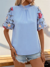Load image into Gallery viewer, Embroidered Mock Neck Puff Sleeve Blouse