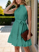 Load image into Gallery viewer, Frill Grecian Neck Tie Waist Mini Dress