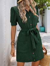 Load image into Gallery viewer, Perfee Tie Waist Button Down Short Sleeve Mini Dress