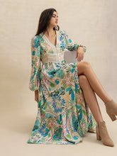 Load image into Gallery viewer, Slit Printed V-Neck Long Sleeve Midi Dress